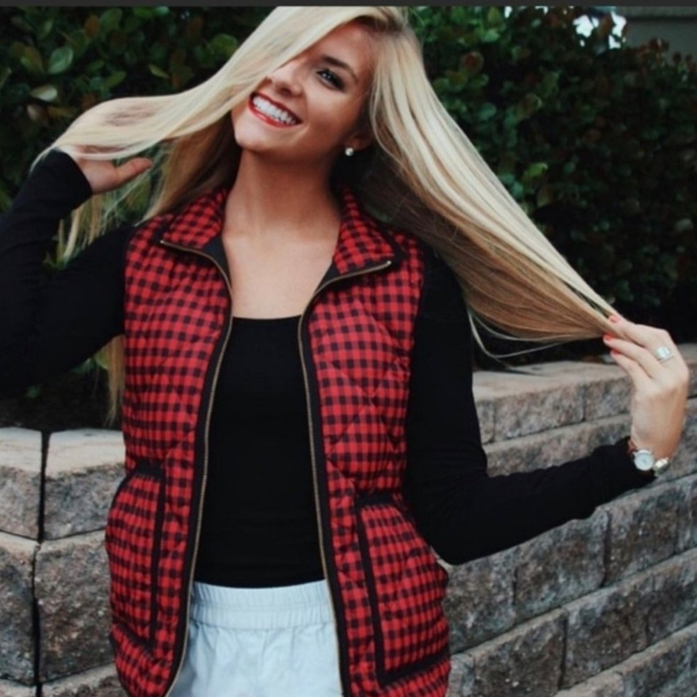 J.Crew Womens Vest‎ Puffer Quilted Plaid Red Black Sleeveless Casual Small